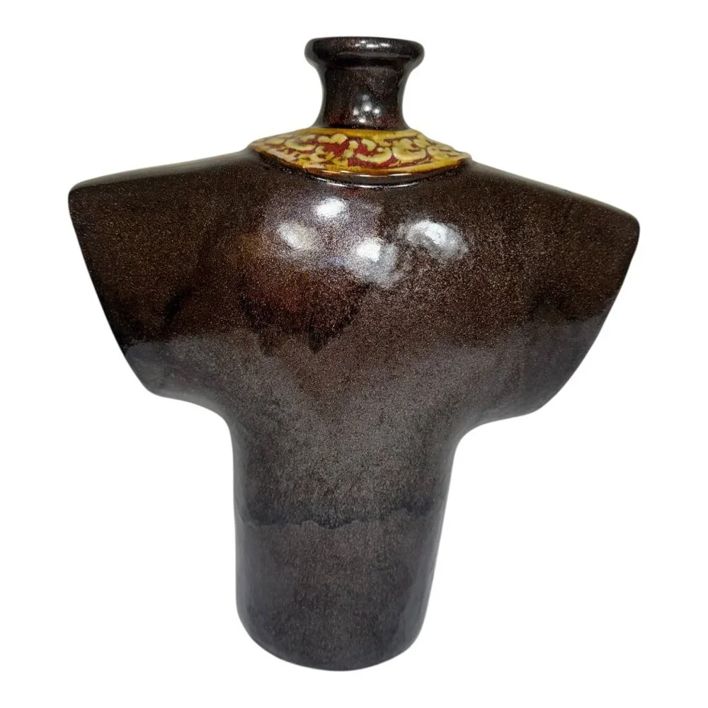 Vintage Kimono-Inspired Ceramic Abstract Vase W/ Ornate Red & Gold Detailing 12”